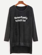 Romwe Black Letter Print Ripped High Low Long T-shirt