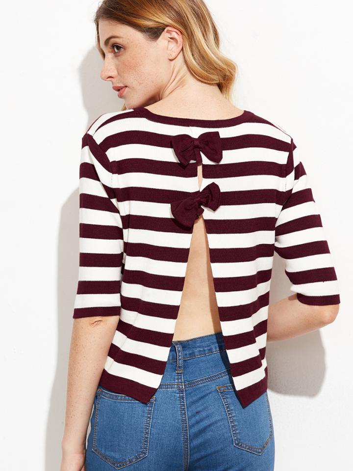 Romwe Burgundy Striped Slit Back Bow Embellished Sweater