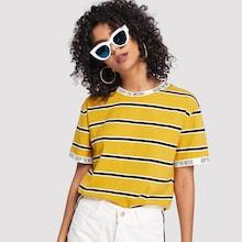 Romwe Letter Trim Striped Tee