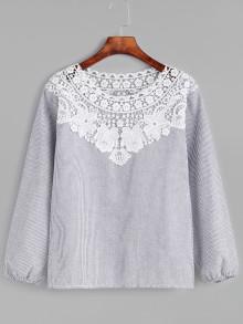 Romwe Vertical Pinstriped Contrast Lace Trim Top