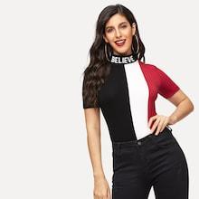 Romwe Cut And Sew Letter Mock-neck From Fitting Tee