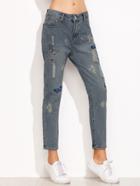 Romwe Blue Butterfly Embroidered Ripped Ankle Jeans