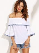 Romwe White Bell Sleeve Embroidered Tape Detail Top