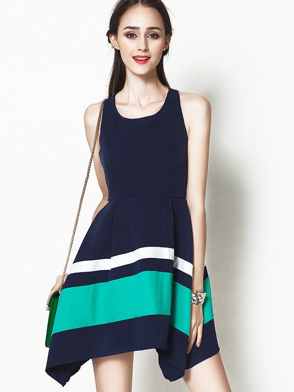 Romwe Color-block Striped Asymmetrical Dress