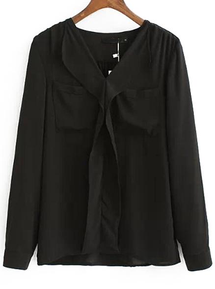 Romwe V Neck Pockets Black Blouse