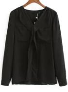 Romwe V Neck Pockets Black Blouse