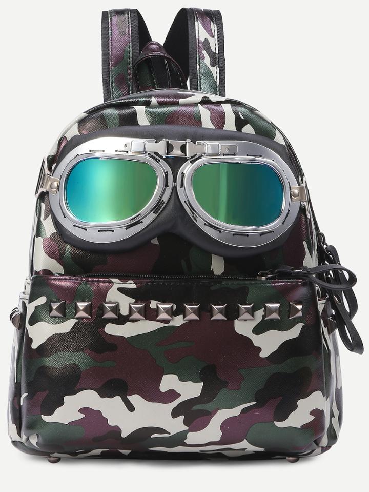 Romwe Camo Print Sunglasses Detail Rivets Backpack