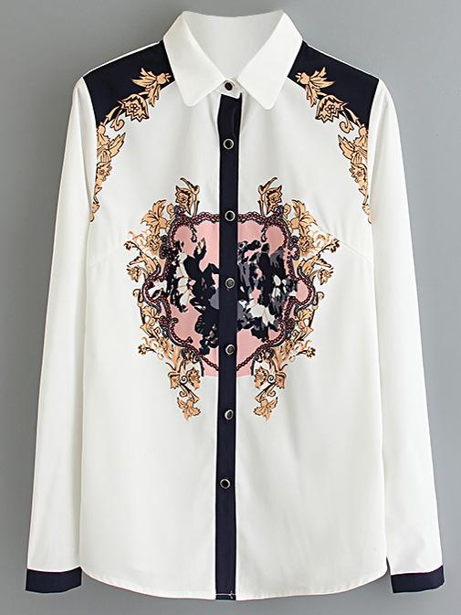 Romwe White Long Sleeve Buttons Front Print Chiffon Blouse
