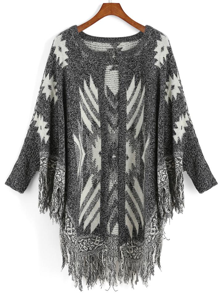 Romwe Geometric Print Tassel Dolman Coat