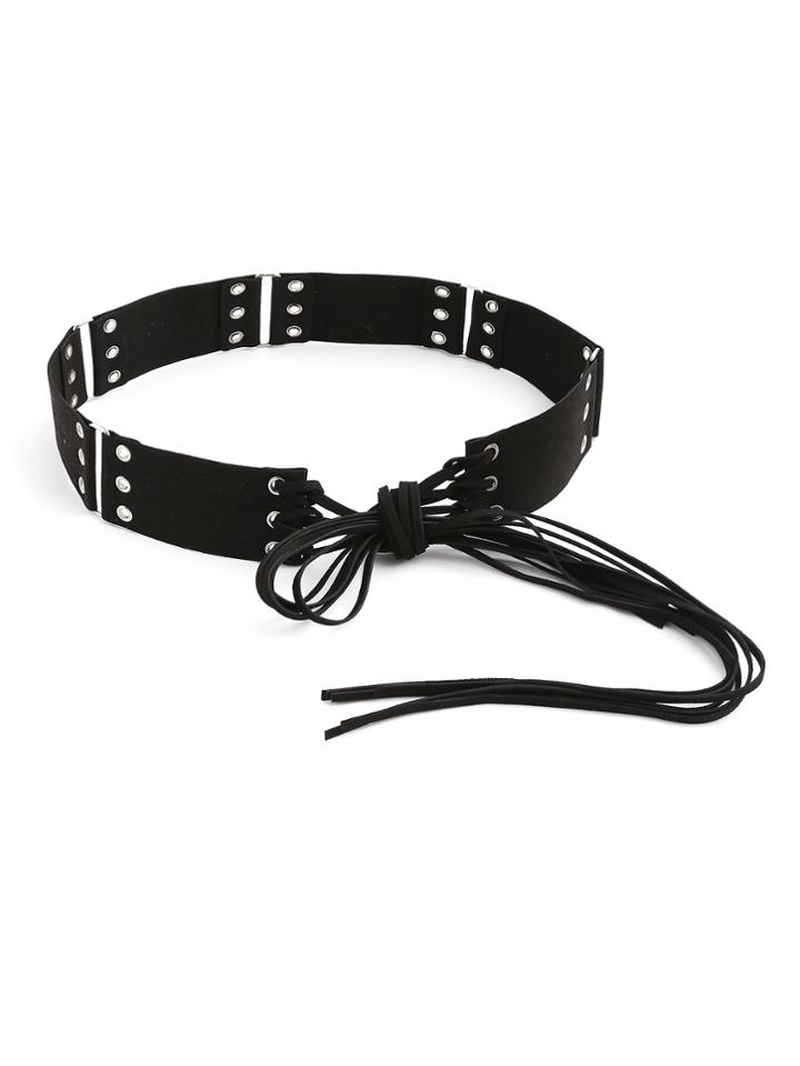 Romwe Eyelet Detail Fringe Tie Belt
