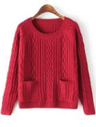 Romwe Diamond Patterned Pockets Red Sweater