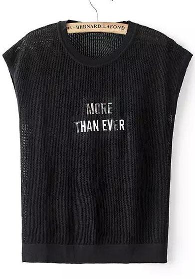 Romwe Letter Print Hollow Black Tank Top