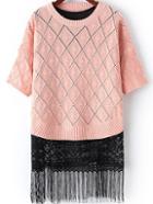 Romwe Open-knit Lace Tassel Pink Sweater