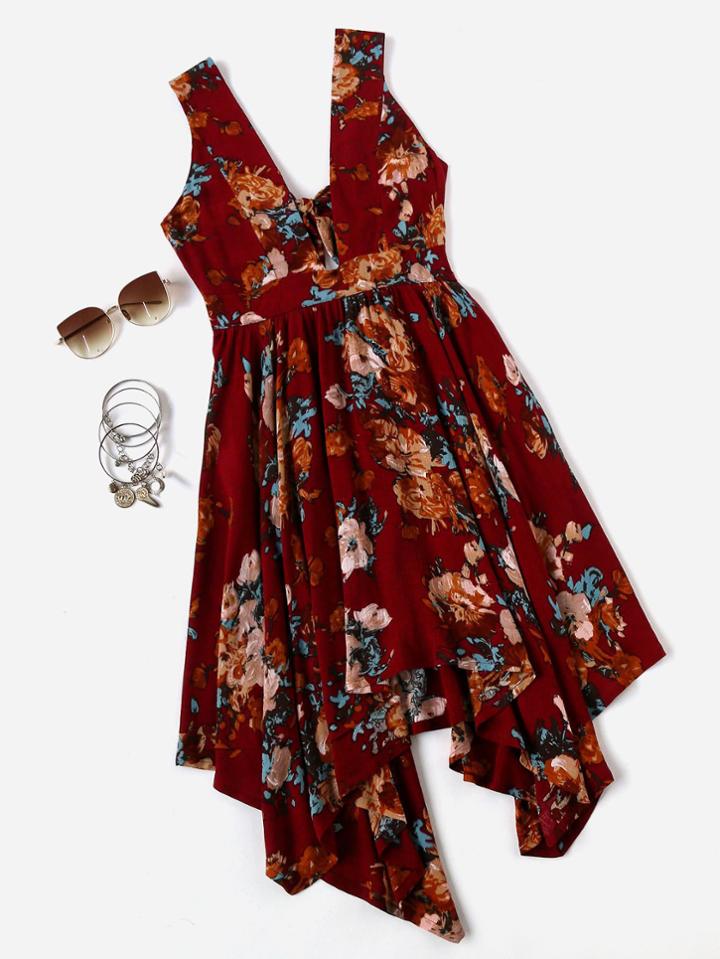 Romwe Plunging V-neckline Random Bow Tie Back Asymmetric Dress