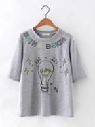 Romwe Grey Short Sleeve Bulb Embroidery Casual T-shirt