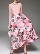 Romwe Pink V Neck Contrast Lace Floral Maxi Dress