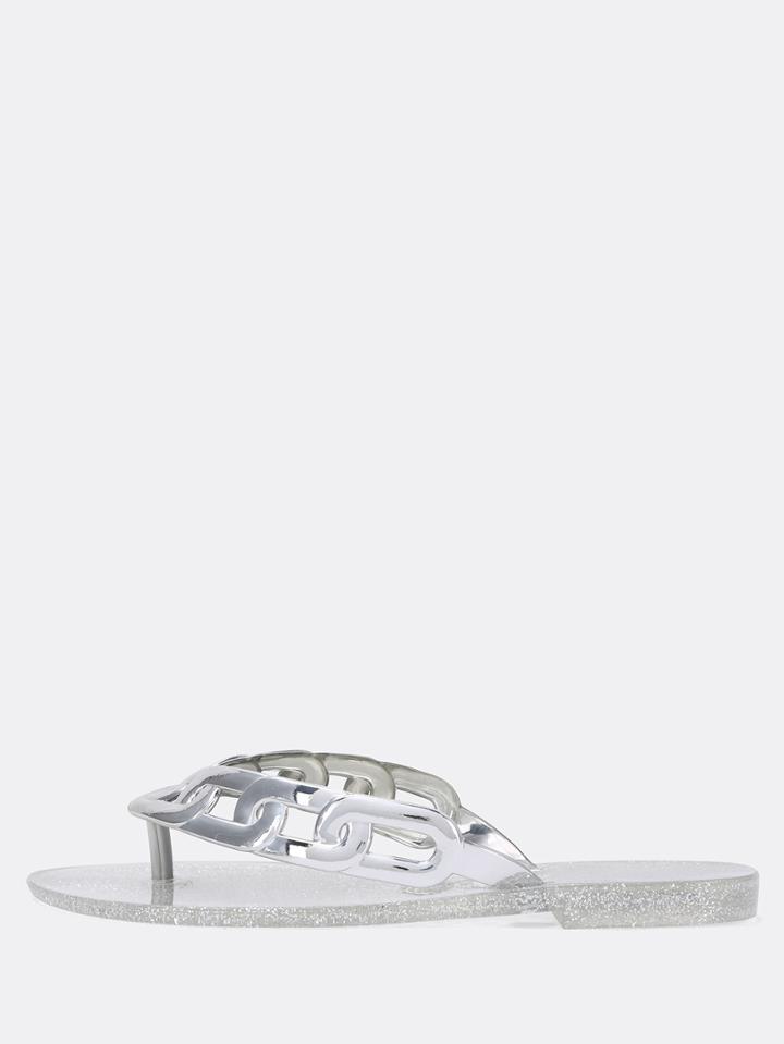 Romwe Silver Glitter Link Chain Flip Flops