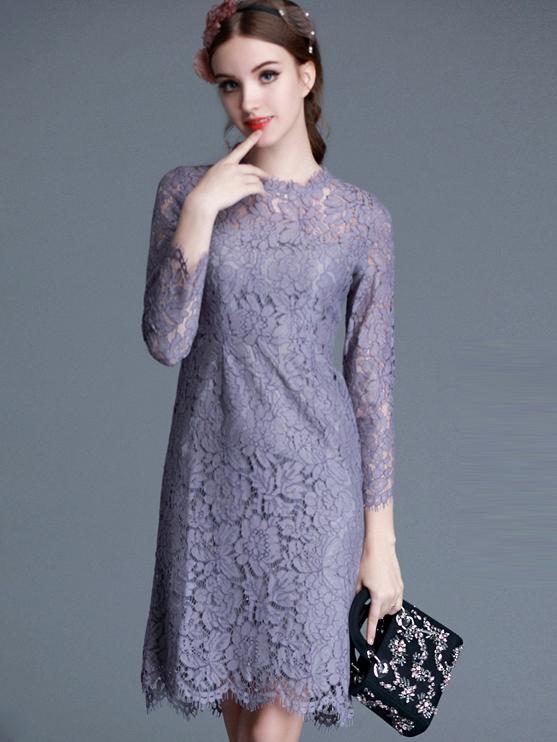 Romwe Purple Round Neck Long Sleeve Lace Dress
