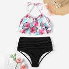 Romwe Random Tropical Tiered Layer Top With Ruched Bikini