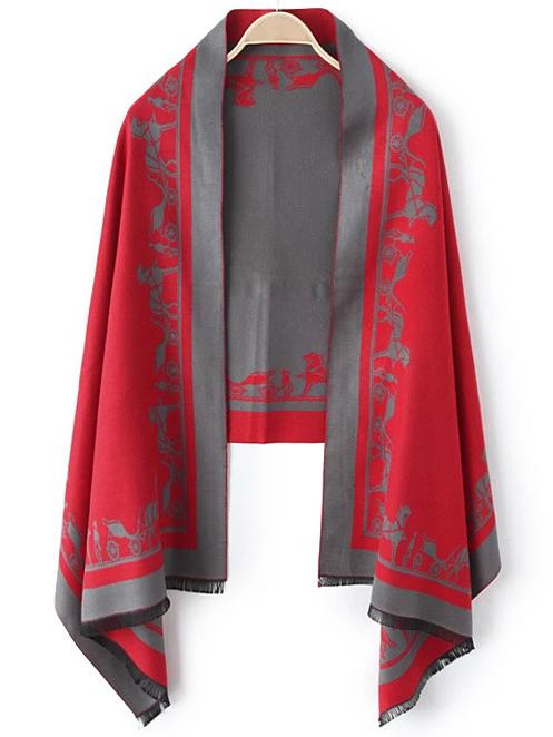 Romwe Carriage Print Fringe Red Scarf