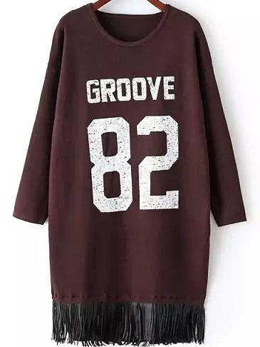 Romwe Letter Print Tassel Coffee Sweater Dress