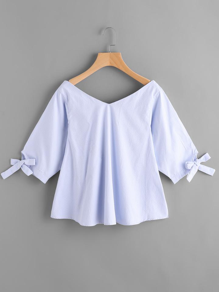 Romwe Double V-cut Tie Sleeve Pinstripe Blouse