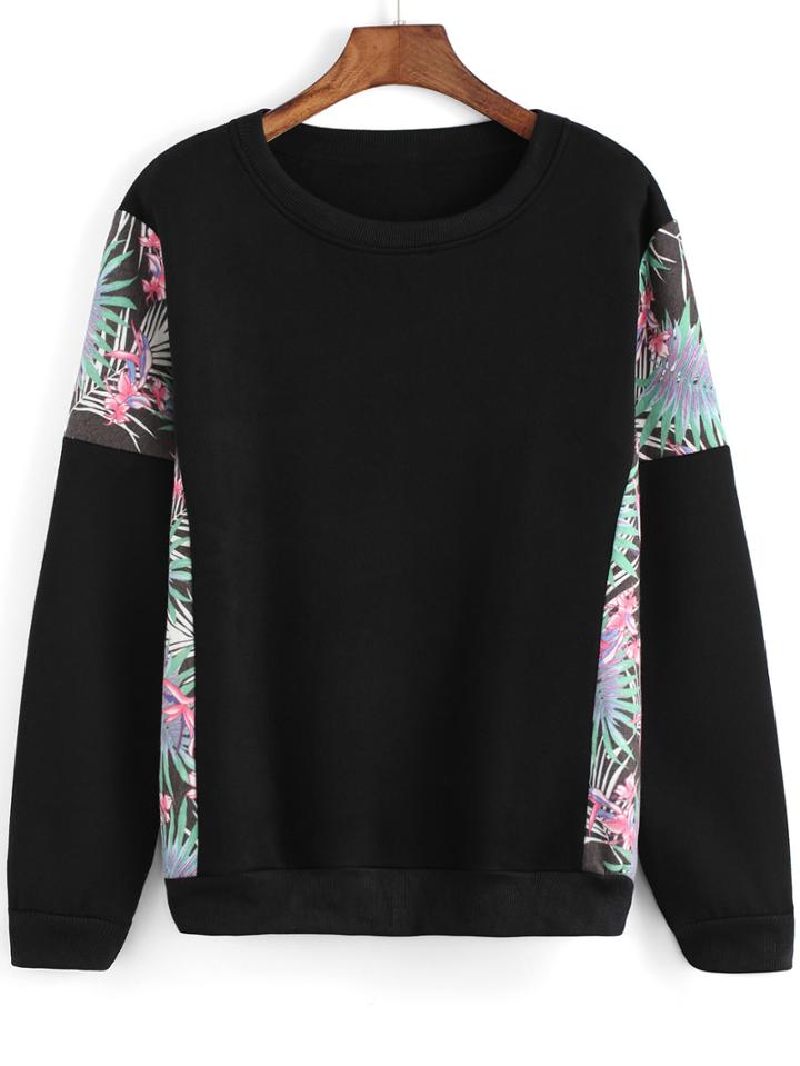 Romwe Leaves Print Round Neck Sweatshirt