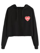 Romwe Black Raglan Sleeve Heart Embroidered Crop Hooded Sweatshirt