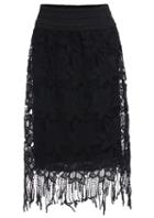 Romwe Elastic Waist With Tassel Lace Black Skirt