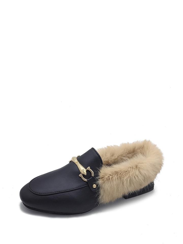 Romwe Metal Detail Faux Fur Loafers