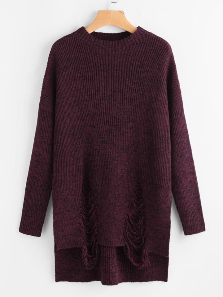 Romwe Marled Knit Stepped Hem Ripped Jumper