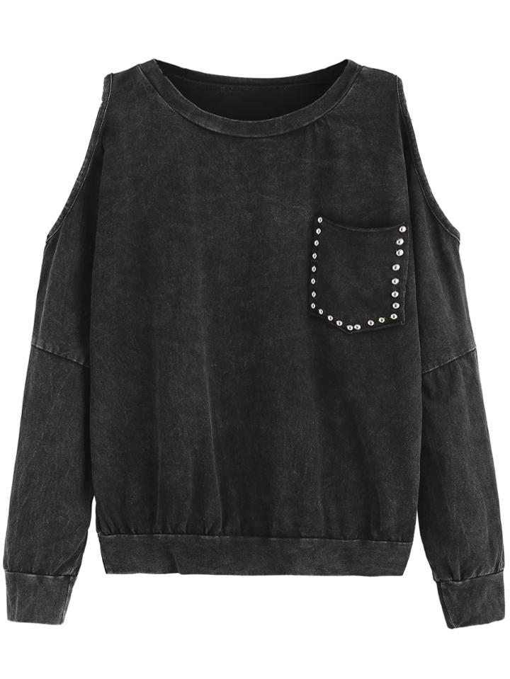 Romwe Black Open Shoulder Pocket Sweatshirt