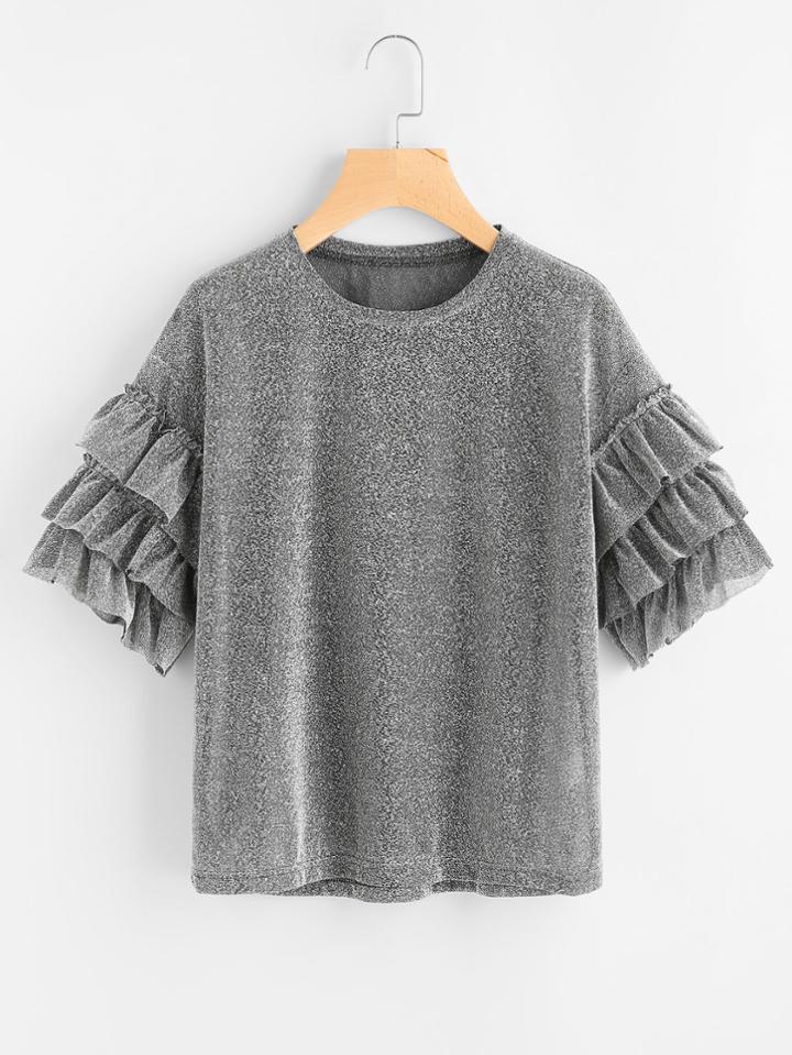 Romwe Drop Shoulder Layered Ruffle Sleeve Sparkle Tee