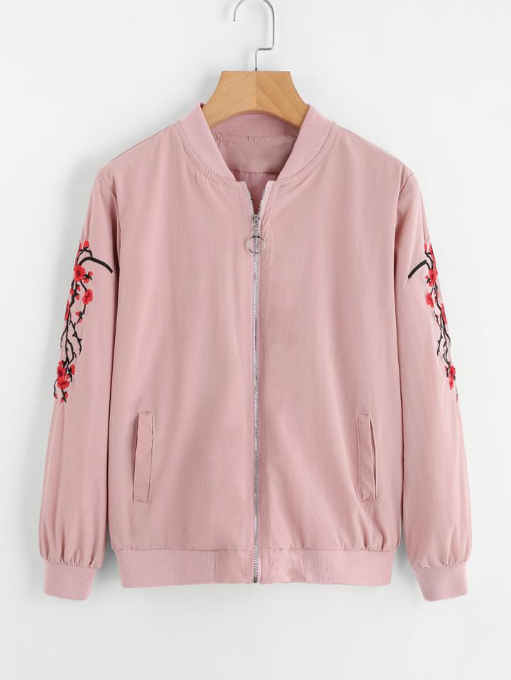 Romwe Floral Embroidered Ring Zipper Jacket