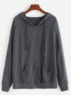 Romwe Grey Raglan Sleeve Drawstring Hooded Zipper Sweatshirt