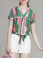 Romwe Multicolor V Neck Tie-waist Top With Shorts