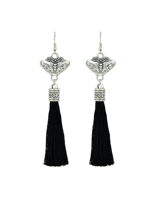 Romwe Black Boho Style Butterfly With Long Tassel Drop Earrings