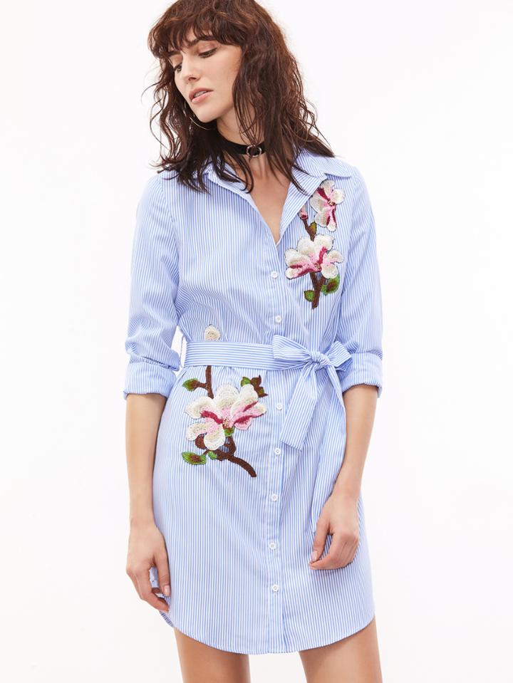 Romwe Pinstripe Self Belted Embroidered Shirt Dress