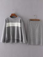 Romwe Grey Striped High Low Sweater With Skirt