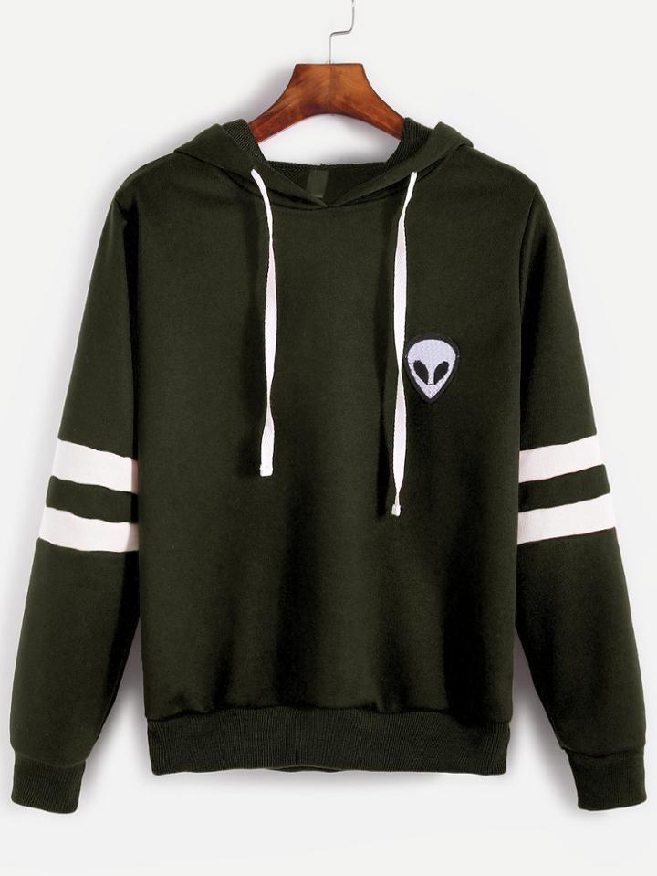 Romwe Army Green Varsity Striped Alien Embroidered Hooded Sweatshirt