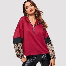 Romwe Zip Half Placket Leopard Panel Hoodie