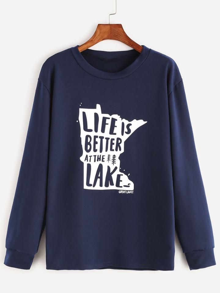 Romwe Navy Letter Print Long Sleeve Sweatshirt