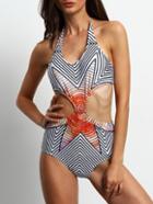Romwe Halter Cut Out Print One Piece Swimwear