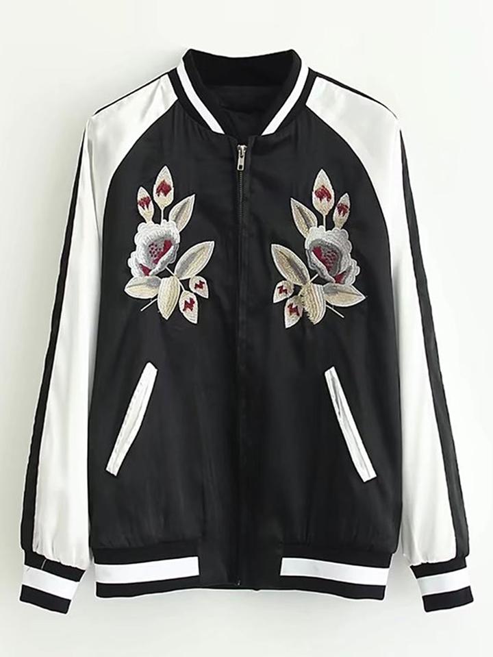 Romwe Contrast Raglan Sleeve Flower Embroidery Flight Jacket