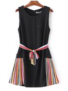 Romwe Black Striped Side Tie Waist Sleeveless Dress