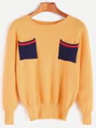 Romwe Yellow Patch Pockets Front Sweater