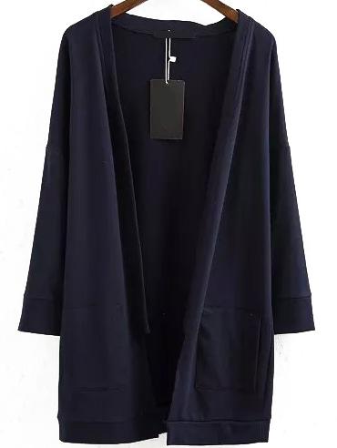 Romwe Shawl Collar Pockets Navy Cardigan