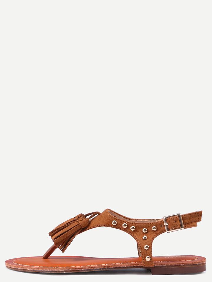 Romwe Camel Fringe Studded Buckle Strap Flip Sandals