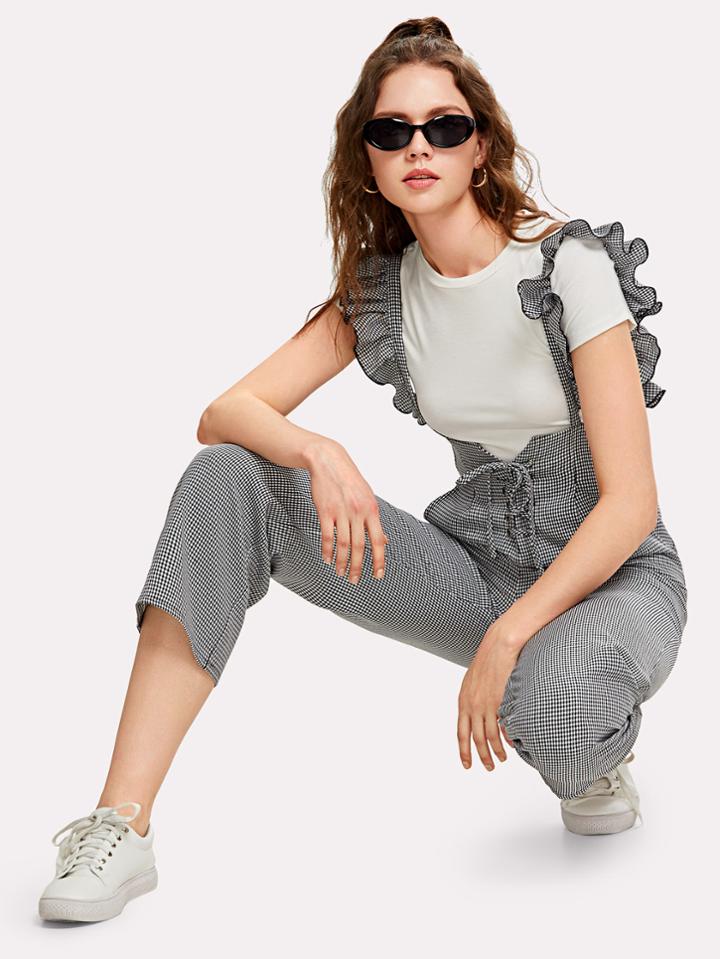Romwe Lace Up Plaid Pants With Ruffle Strap