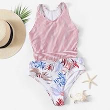 Romwe Random Leaf & Striped Cut-out One Piece Swim